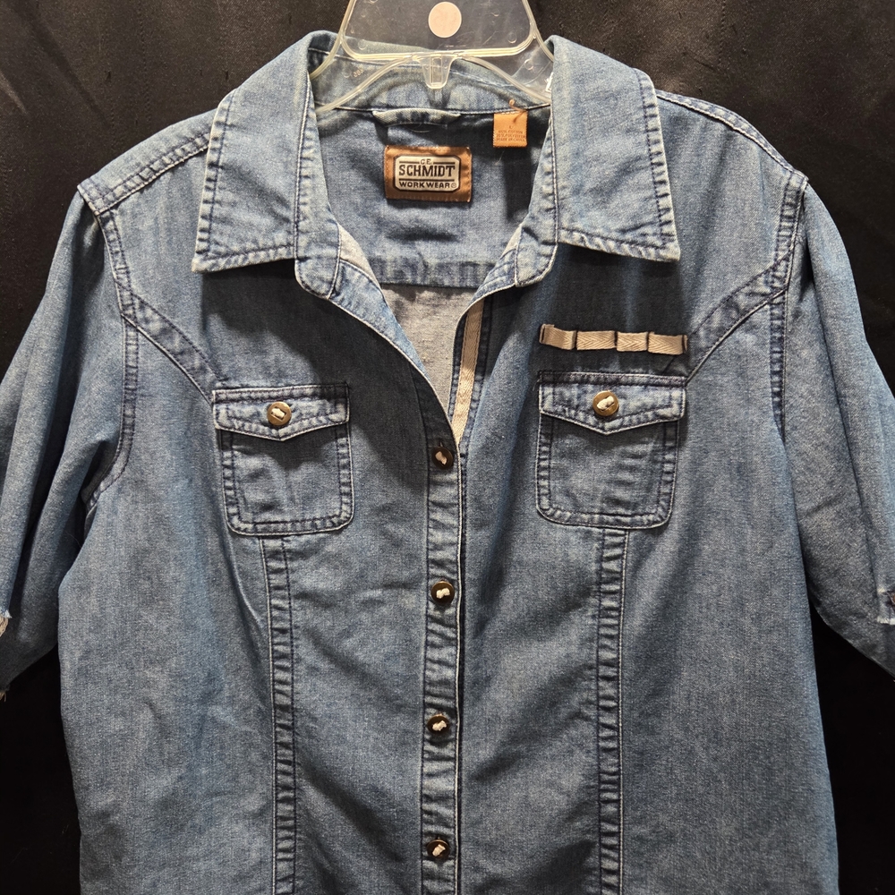 C.E. Schmidt Distressed Denim Shirt Women's Large Short Sleeve Western Cutoff